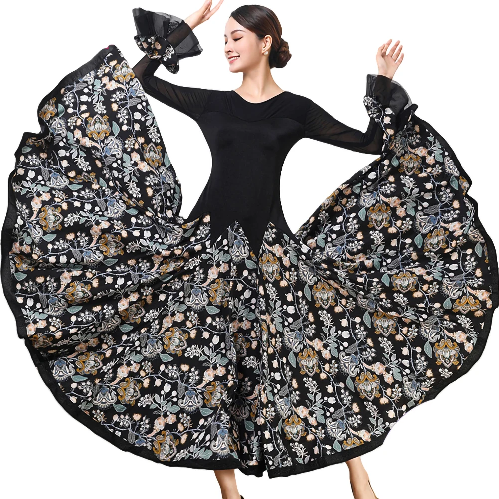 Abito da competizione per valzer da sala a maniche lunghe Costume di scena nero Gonna da flamenco con stampa di danza moderna sottile Standard