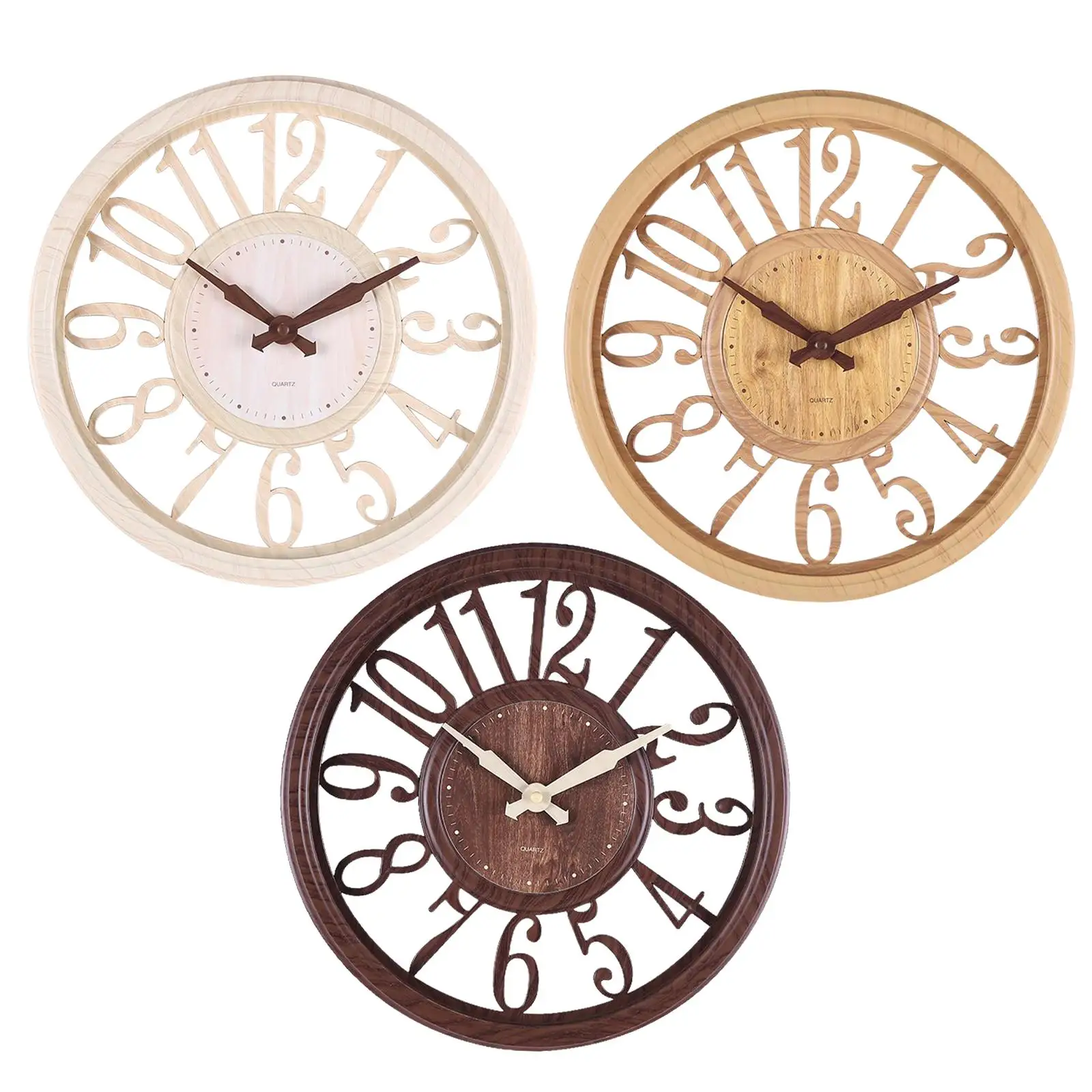 European Style Wall Clock Hollow Wood Pattern Battery Operated for Office