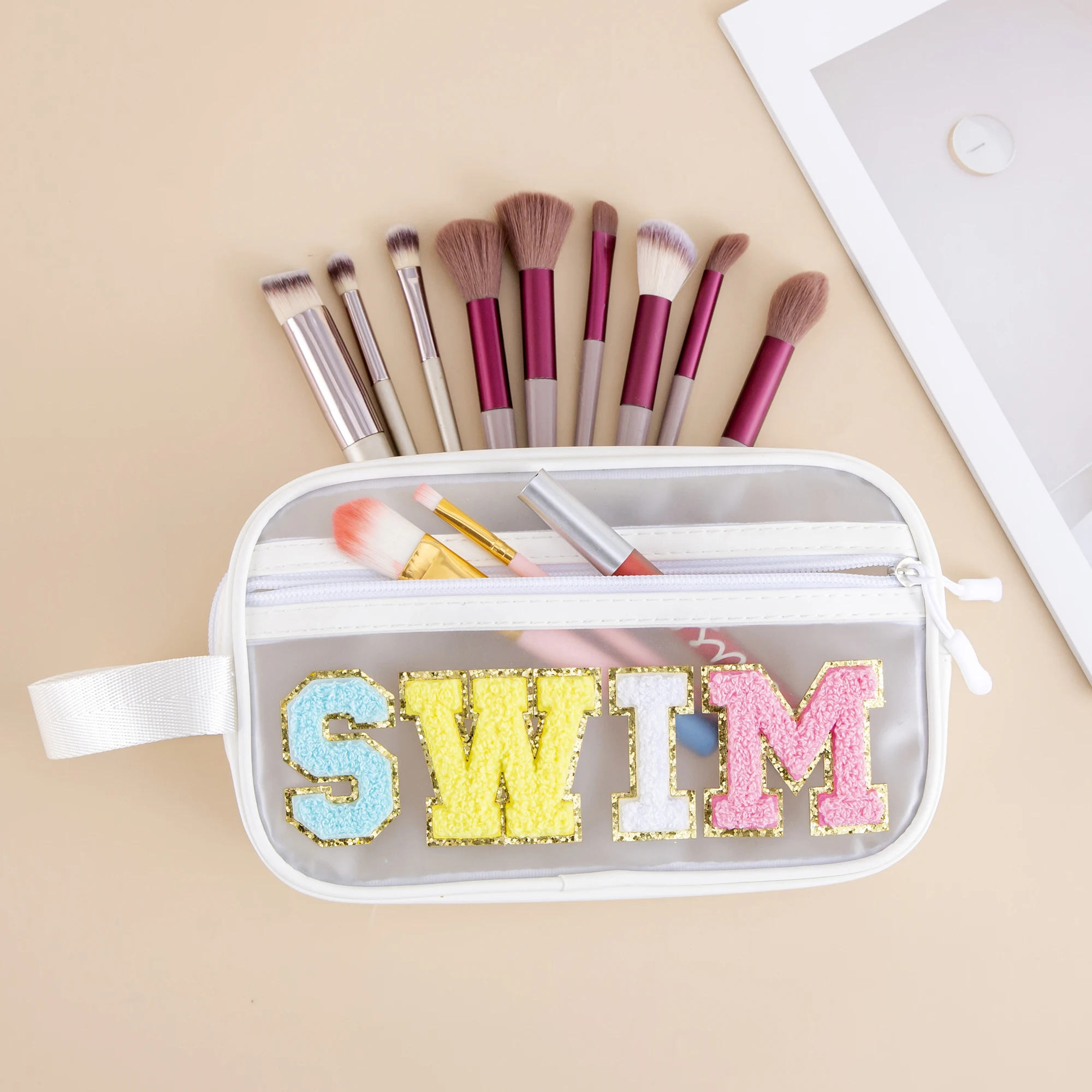 Women Cute Transparent Preppy Chenille Letter Clear PVC SWIM Makeup Bag MEDS Medicine Pouch with Strap Handle Cosmetic Pouch