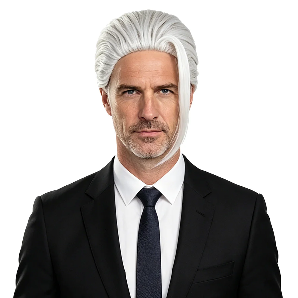 Taro Sakamoto Cosplay Wig Silver White Low Bun Slicked Back Side Strand Heat Resistant Synthetic Anime Wig For Halloween Party