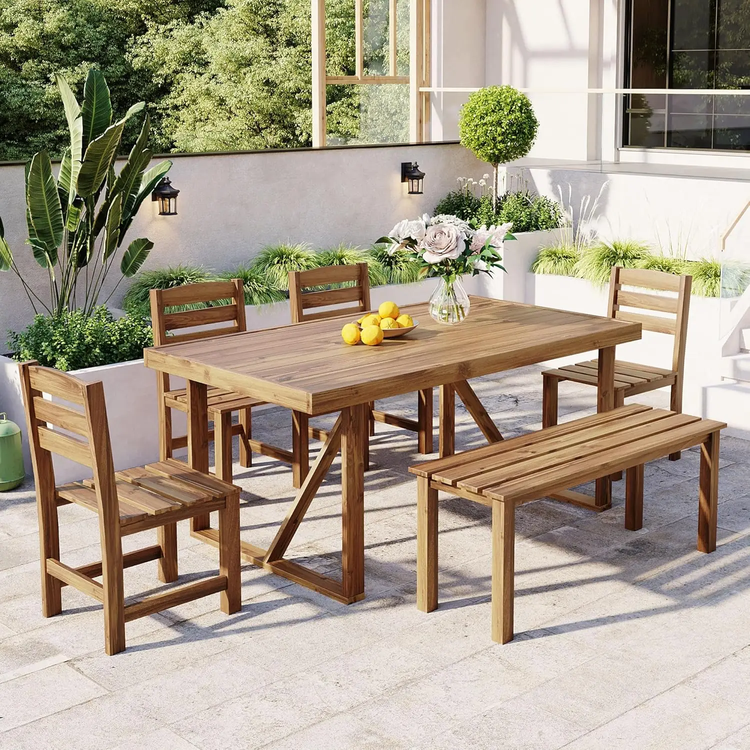 Outdoor Wood Dining Table Set 6-Piece Patio Dining Furniture Table Set 4 Chairs & Bench for Garden Balcony Backyard Natural Wood