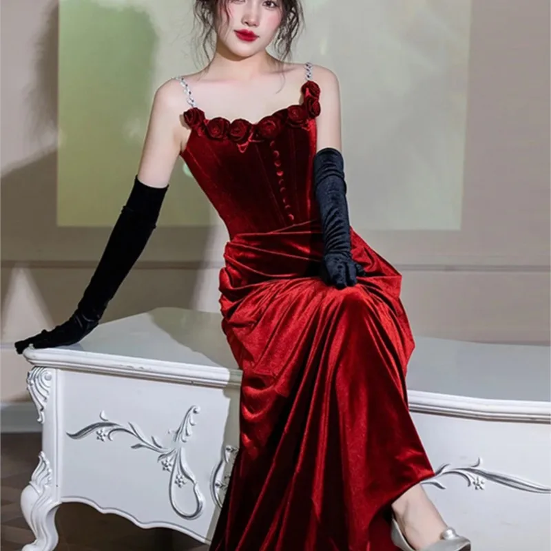 Velvet toasting dress with strap Wine red Rose Fish Tail Banquet small train