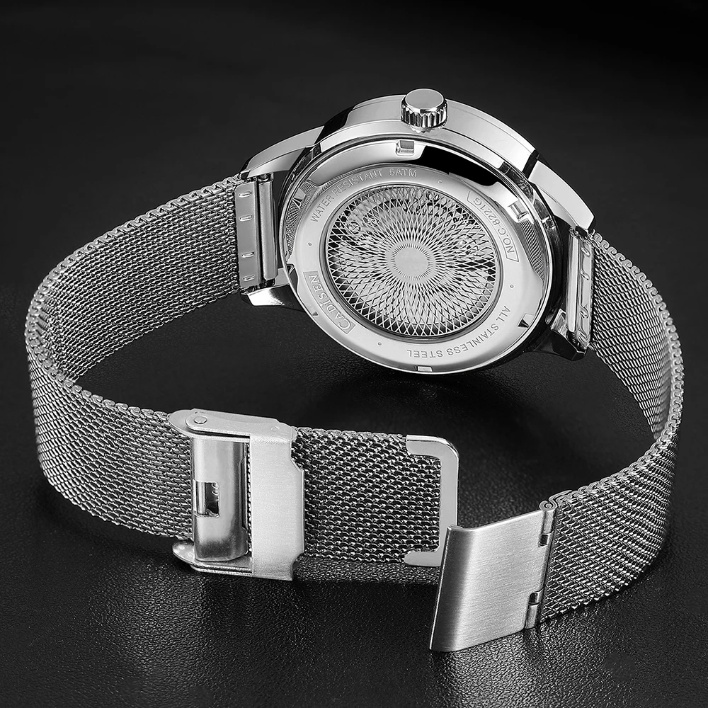 CADISEN-Reloj de pulsera automático de acero inoxidable para hombre, cronógrafo mecánico luminoso con correa de malla, resistente al agua, zafiro