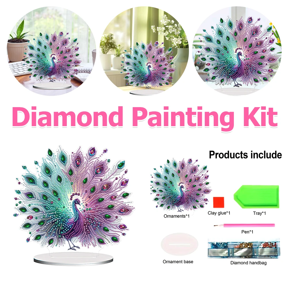

Acrylic 2D Flat Print Animal Peacock Diamond Art Single Side Crystal Decor Tabletop Ornament DIY Craft Kit for Home Office Decor