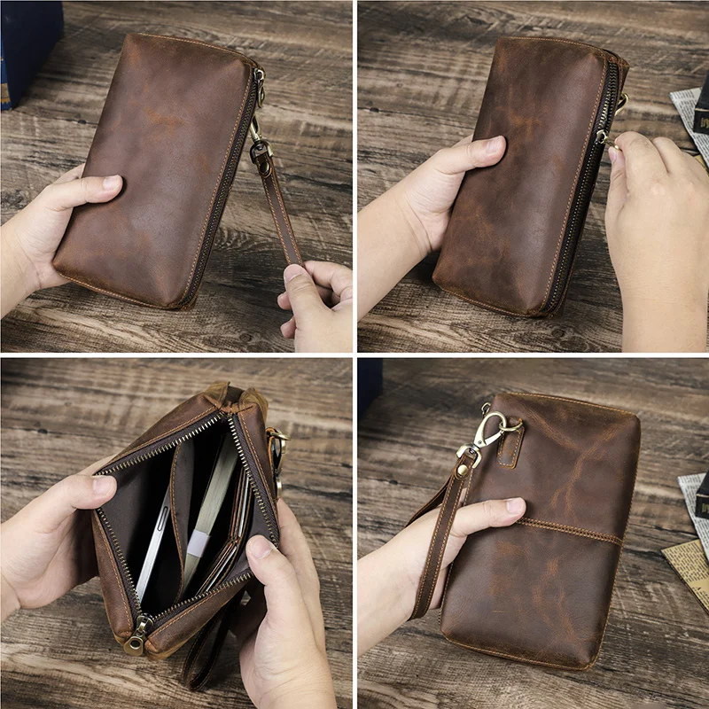 OYIXINGER Vintage Men Wrist Clutch Bag RFID Anti-theft Wallets Mens Genuine Leather Wallet Credit Cards For Man Phone Holder New