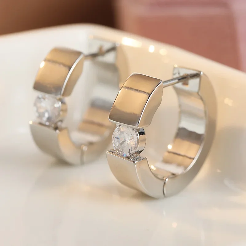 Luxurious Classic Silver Plated Hoop Earrings Inlay Cubic Zircon Exquisite Women's Earrings Simple Fashion Jewelry Accessory
