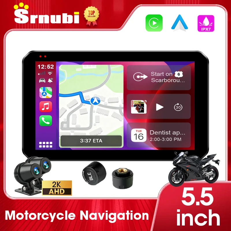 

5.5 inch 2K DVR For Motorcycle GPS Navigation Dual Camera Wireless Carplay Android Auto IPX7 Waterproof Bluetooth Moto Monitor