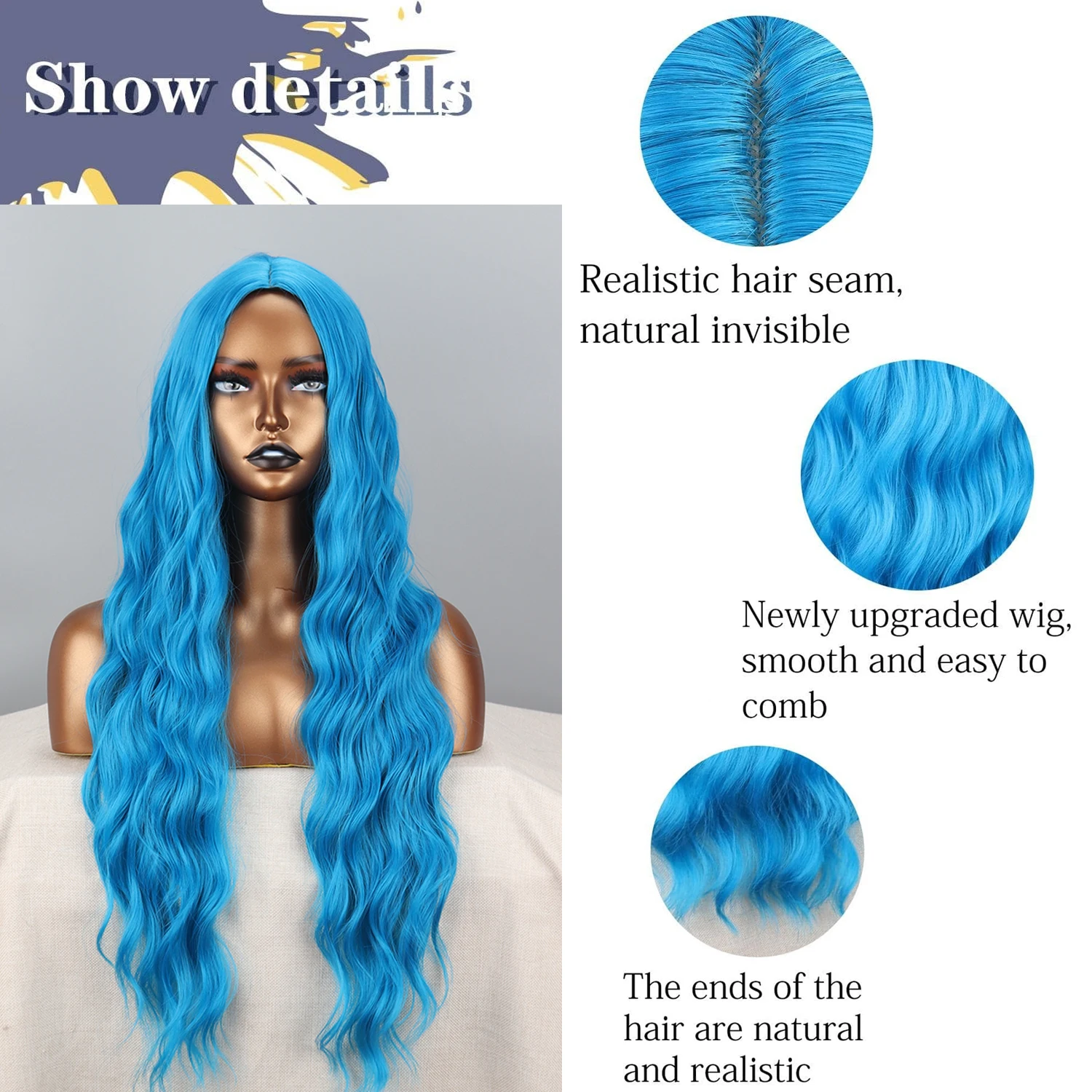 Blue Long Wave Wig Synthetic High Heat Resistant Material Daily Wear Wig Cosplay Wig