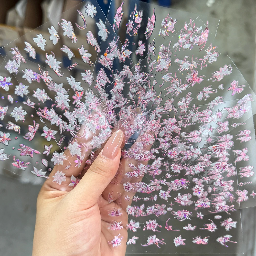 6 個ピンクパープルレーザーフラワー蝶ネイルデカール 3D 魅力的なちょう結びハイビスカスネイルアートステッカーブロンズ花マニキュアスライダー