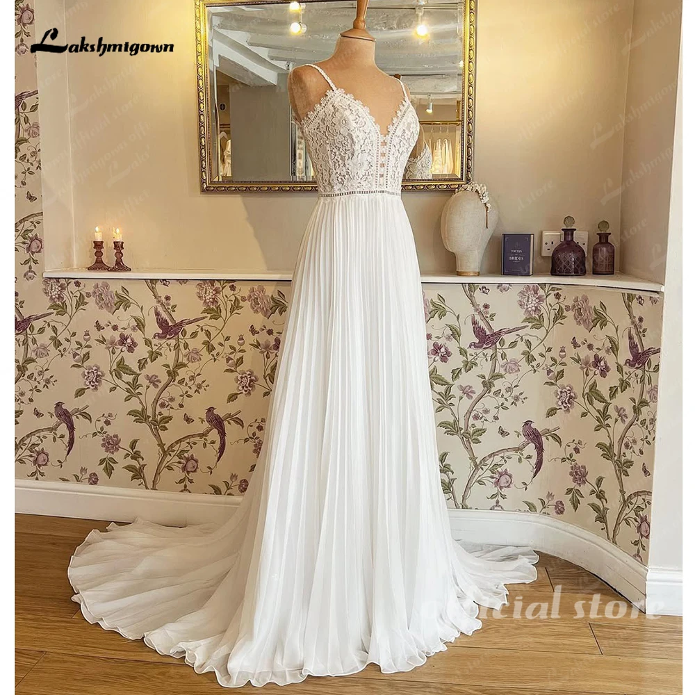 Lakshmigown Boho Spaghettiträger Chiffon Hochzeitskleid V-Ausschnitt Spitzenapplikationen Offener Rücken Strand-Brautkleid Maßanfertigung – Detail 5