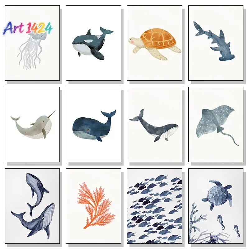 Ocean Animal Shark Turtle Dolphin Whale Fish Poster Watercolor Canvas Painting Print for Wall Living Room Nursery Home Decor