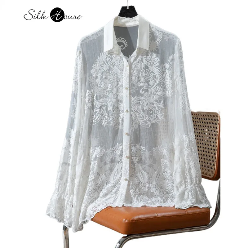 

Artistic Retro Style 100% Natural Mulberry Silk Heavy Embroidery Square Collar Lotus Leaf Sleeves White Sun Protection Clothing