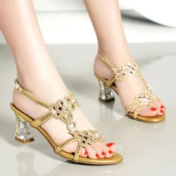 Rhinestone High Heels Sandals Open Toe New Fashion Shoes Sexy Women's Diamond Sexy Fairy Mid Heel  beach Roman Sandals