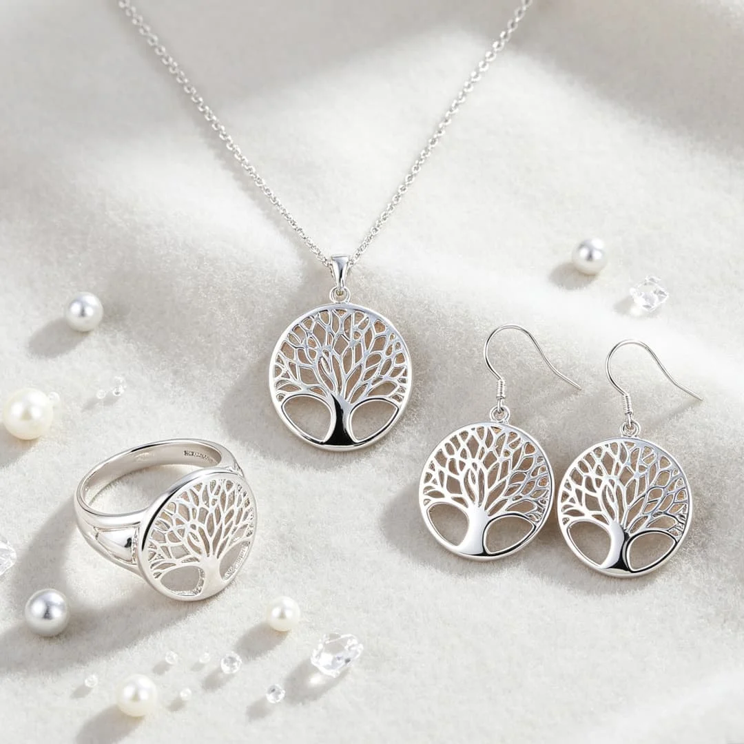 Women's 925 Sterling Silver Tree Ring Necklace & Earrings Set