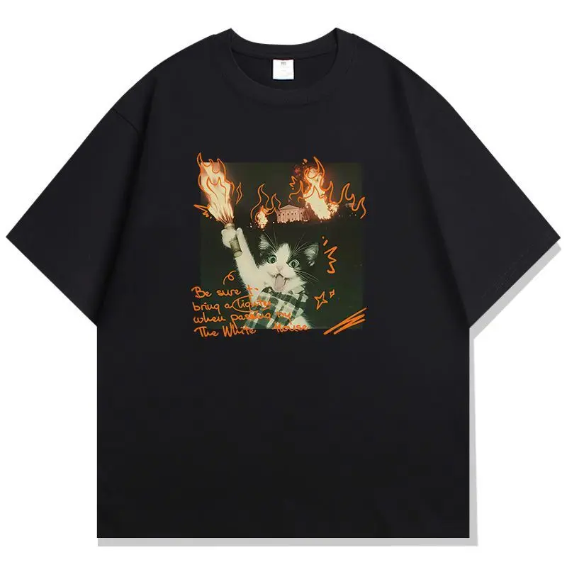 

Graffiti Torch Cat Fun Design Printed Short-sleeved Men's and Women's Summer Loose and Versatile Half-sleeved Teenagers' Tops