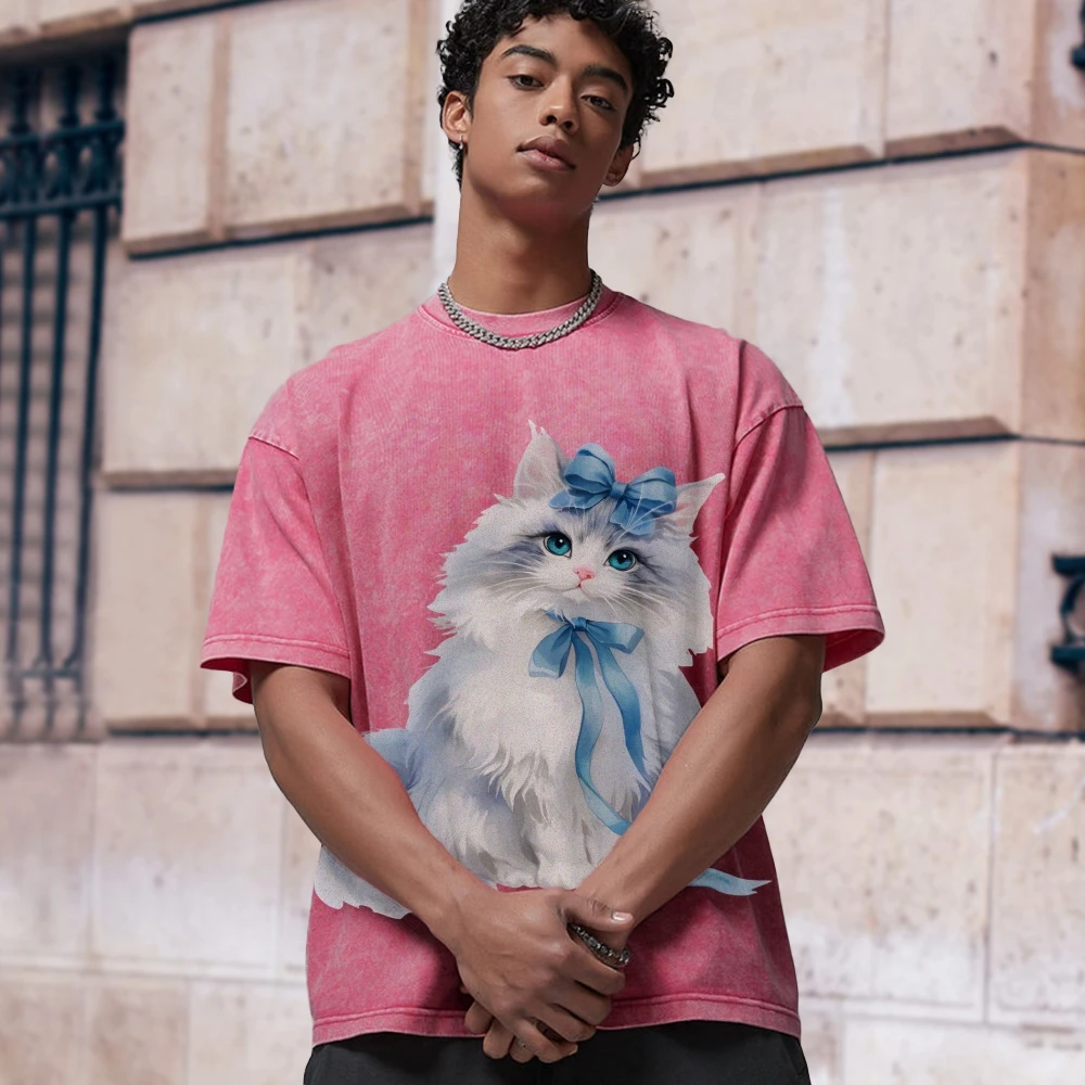 Y2k Graphic T-Shirt, Cat with Bow Print, Adorable, Playful and Elegant, Lovely Style,Soft Fabric for Feline-Themed Casual Looks