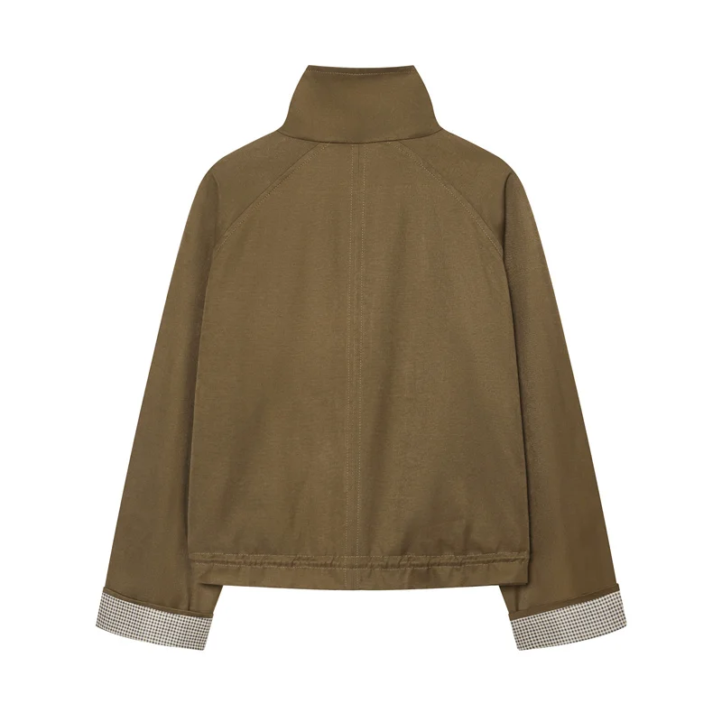 Guobioziy Women's Top 2026 New Style Women's Short Stand‑Collar Work Jacket Colour‑Block Checkered Cuffs For Outings