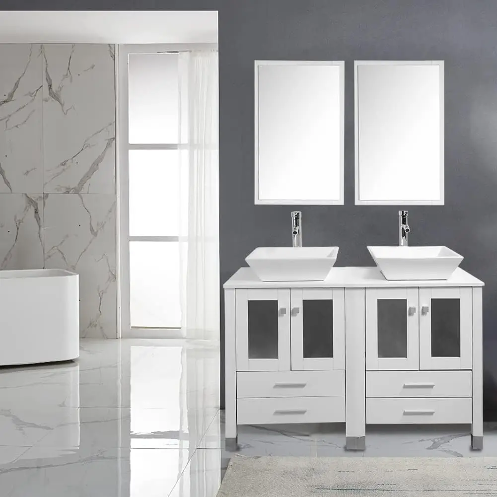 48” Modern Double White Bathroom Vanity Set， Porcelain Vessel Sink Combo,Solid Brass Pop Up Drain w/Mirror (8072)