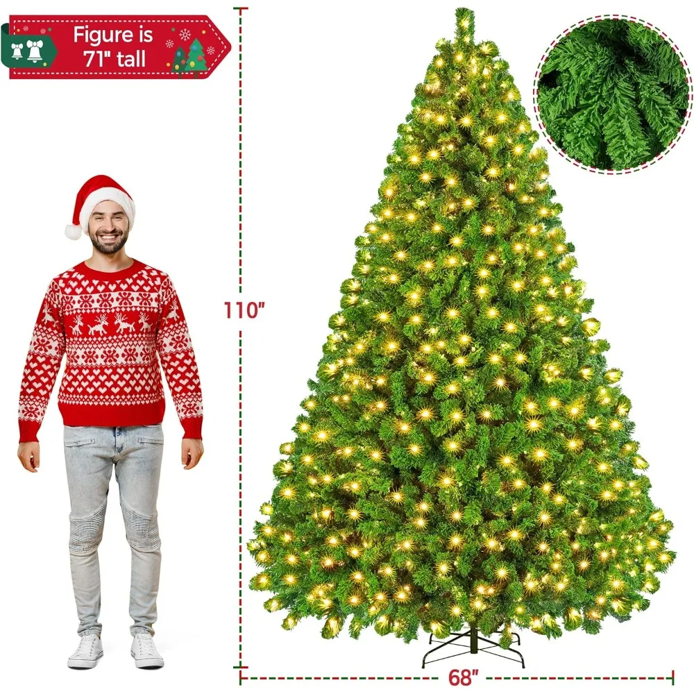 9 foot tall pre lit artificial Christmas tree with warm white lights, incandescent lights and foldable stand, solid green