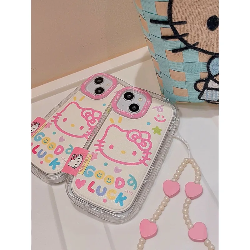 

New Sanrio Kawaii Hellokitty Heart Chain Phone Case Anime Cartoon Pink Graffiti Exquisite Young Girl Accessories Birthday Gift