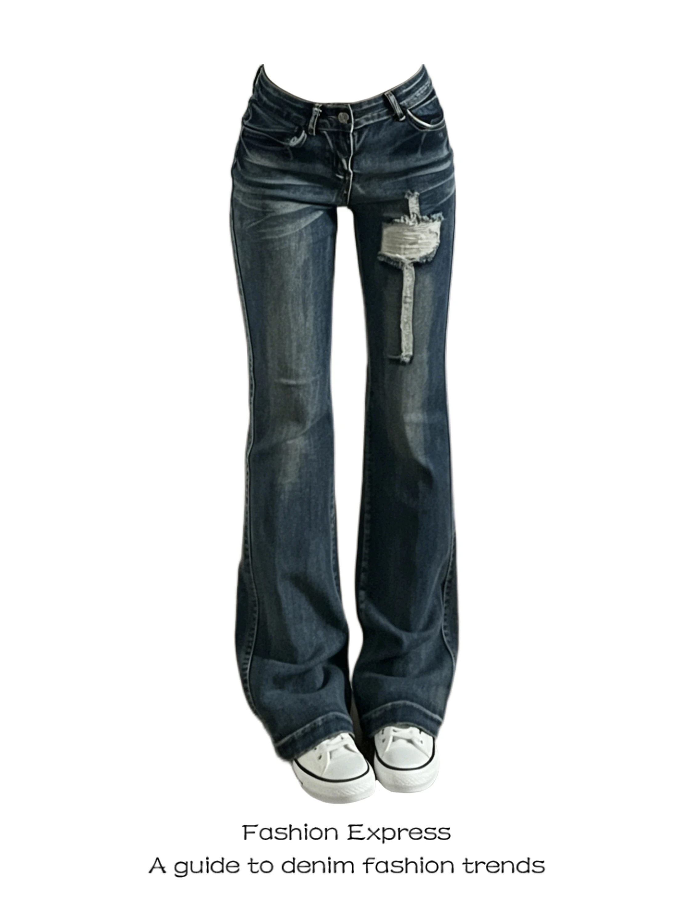

Retro American Low Waist Bell Bottom Jeans Women's Slimming Cross Lace Design Small Audience Faded Denim Pants Casual Style