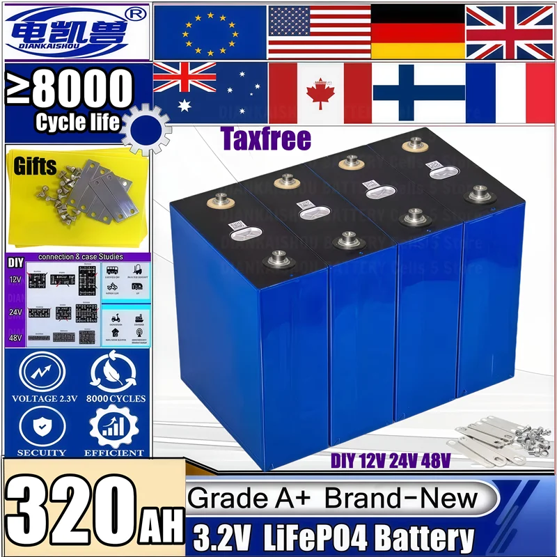 

Brand New A-Grade 320Ah 8000 cycle LiFePO4 3.2V rechargeable battery suitable for DIY 12V 24V RV electric vehicle solar system