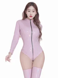 Sexy Women PVC Glossy Shiny High Cut Bodysuit Bandage Leotard Dance Wear Long Sleeve PU Latex Cosplay Maid Tight Catsuit