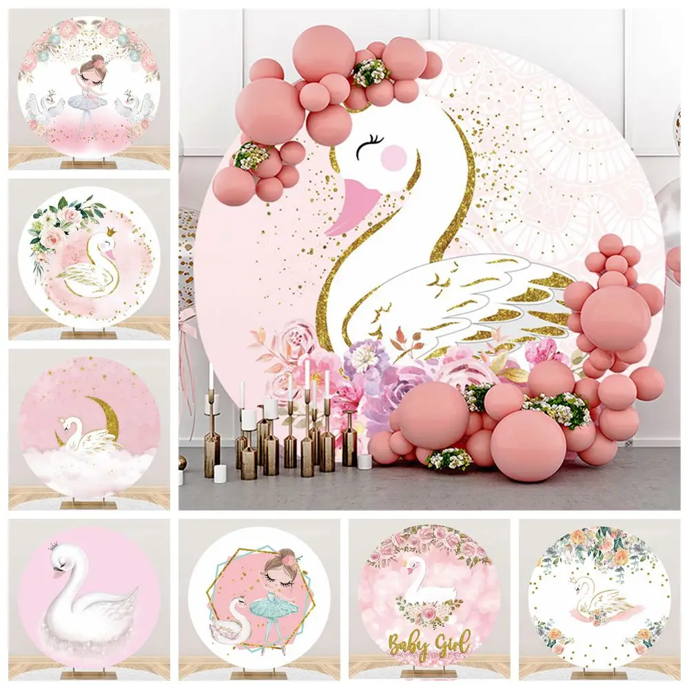 

Pink White Swan Round Backdrop Cover Princess Girls Baby Shower Kids Birthday Party Circle Photography Background Photostudio