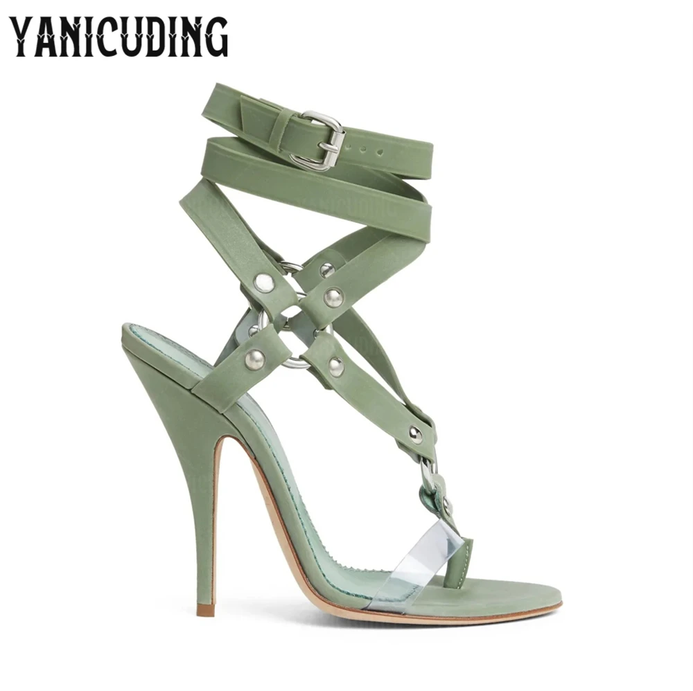 

Metallic Studs Rings Straps Sandals Unique Designer Style High Heeled Sandals Round Toe Ankle Strap Buckle Summer Stiletto Shoes