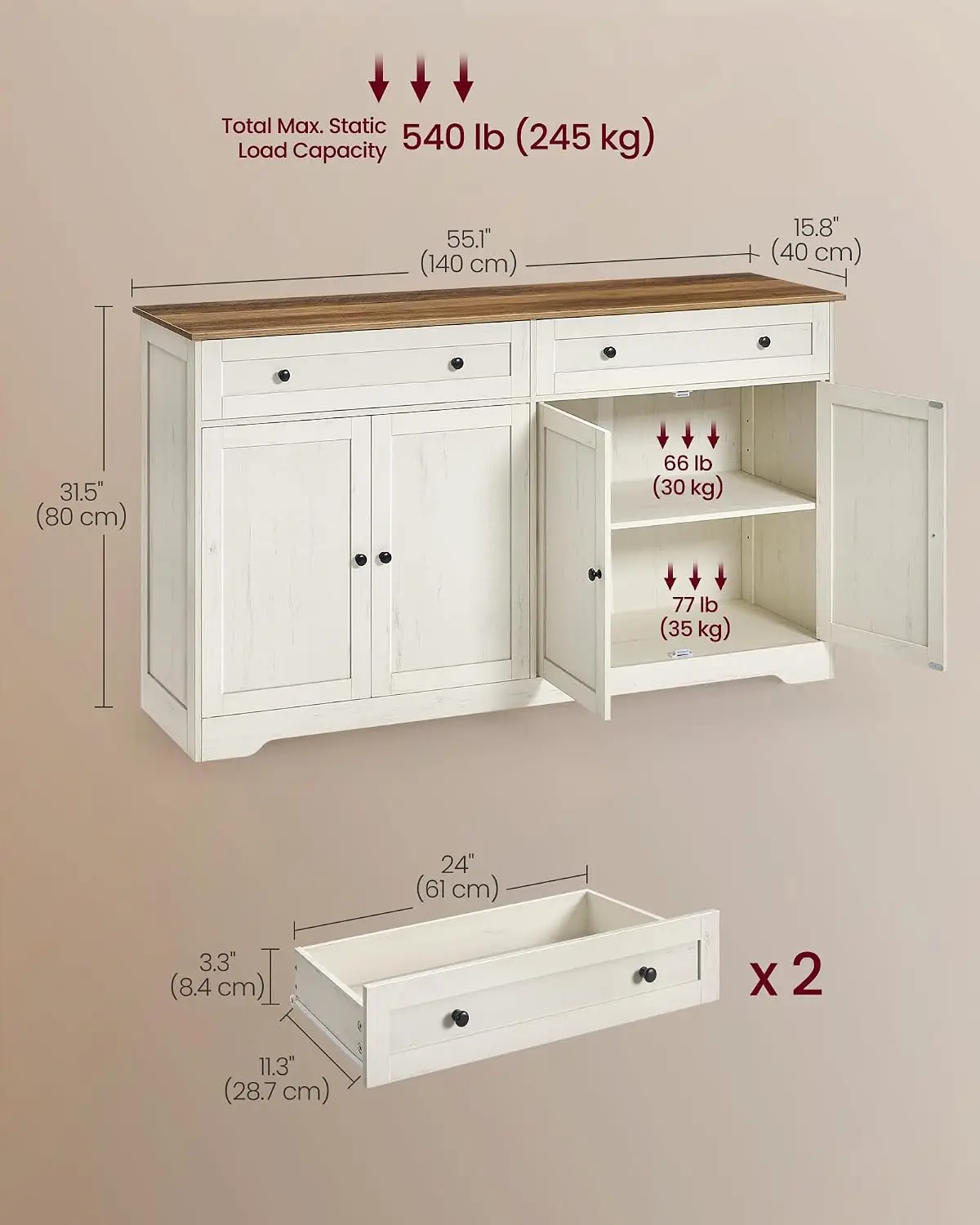 Buffet Cabinet, Sideboard, 4 Doors, 55.1 x 15.8 x 31.5 Inches