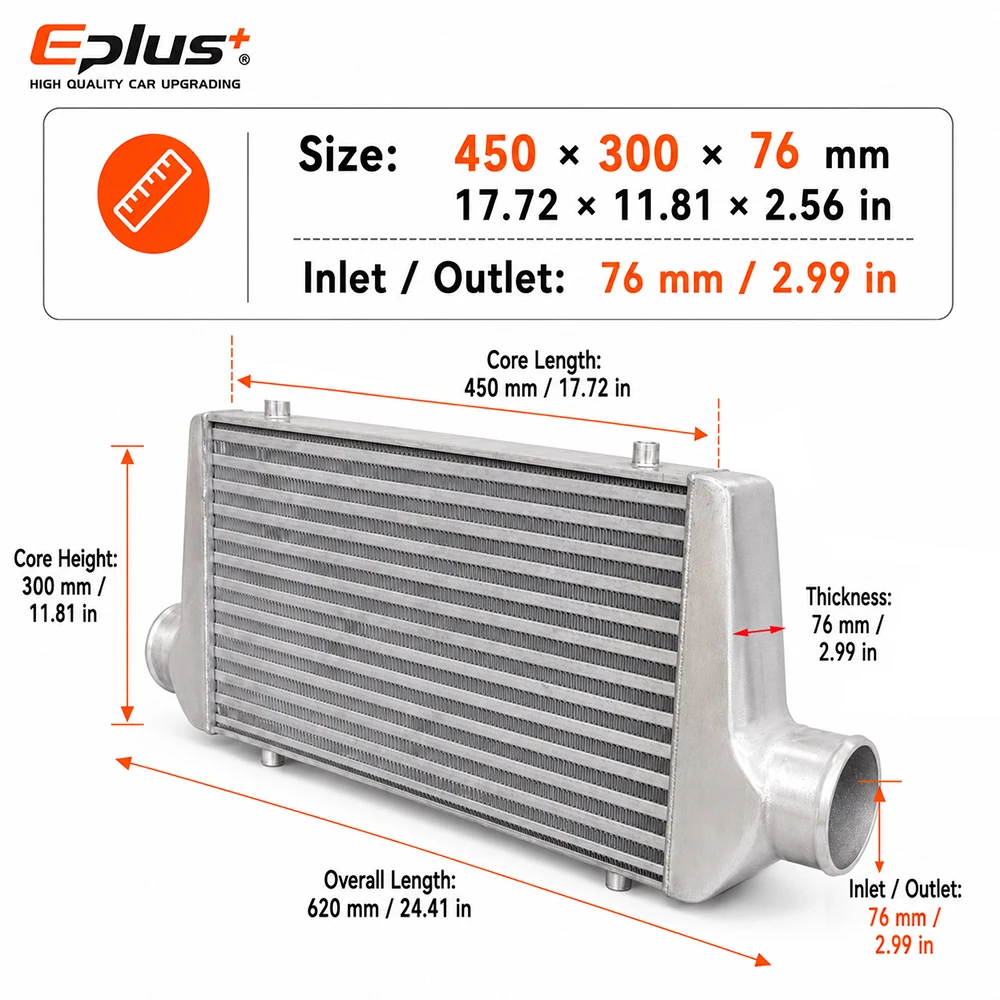 Universal Car Turbo Charge Cooling System 450x300x76mm Turbo Intercooler Kit Interface 3 inch Aluminum Piping Silicone Hose