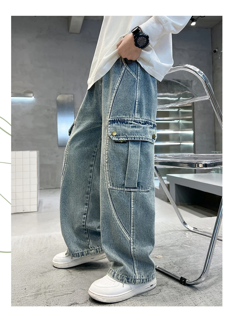 Neue lässige Kinder-Cargo-Jeans mit geradem Bein und Taschen für Teenager-Jungen, modische Street-Denim-Hosen, elegante Hosen für Kinder. – Detail 6