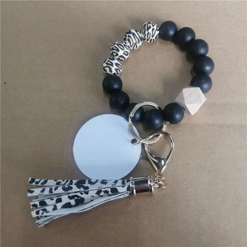 

sublimation leopard sunflower silicagel bead wrist keychain with tassel with aluminum round and mdf round 10pcs/lot