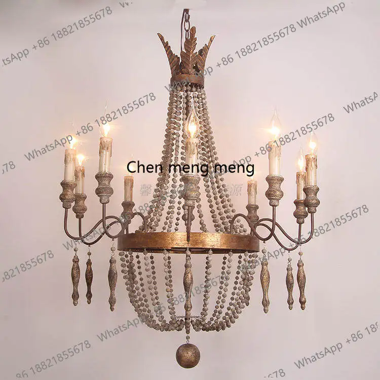 D1089 French retro wood bead chandelier, living room staircase clothing store, American candle old wrought iron restaurant lamp