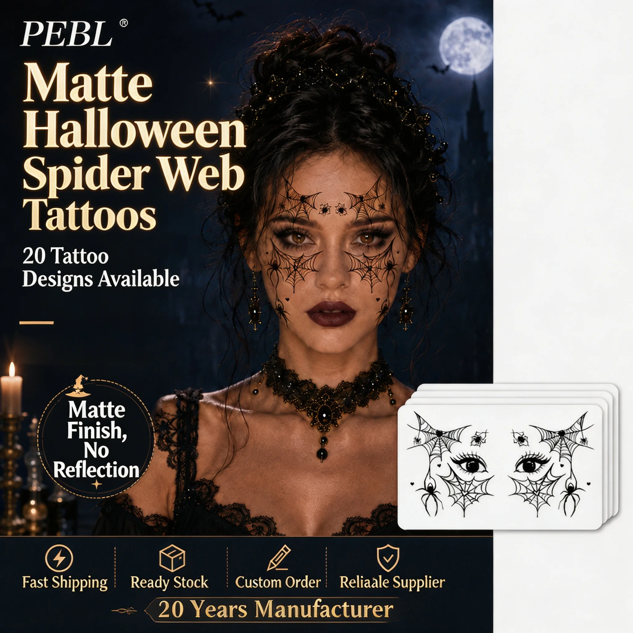 Halloween Temporary Tattoo Stickers Set, Spider Web Bat Skull Face Body Tattoos for Halloween Party Makeup Costume Decoration