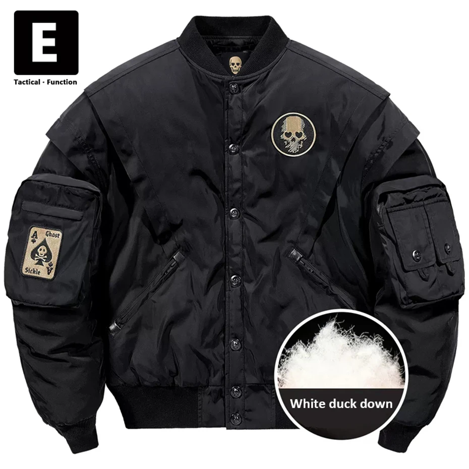 Death Embroidery Down Jacket Men Winter Thick Jackets Embroidery Techwear Cargo Down Coat Fashion Casual Male Tactical Function