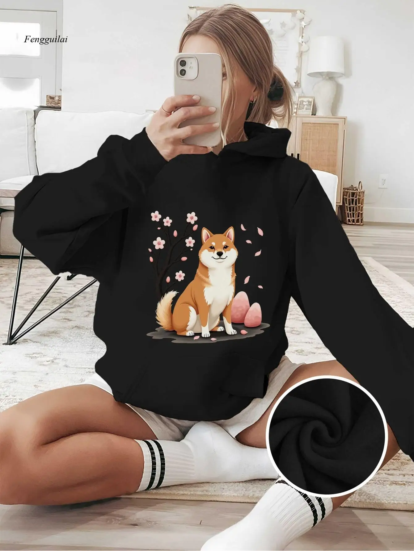 Shiba Inu & Cherry Blossoms Hoodie - Cozy Fall/Winter Casual Pullover with Pockets, Geometric Pattern, Long Sleeves