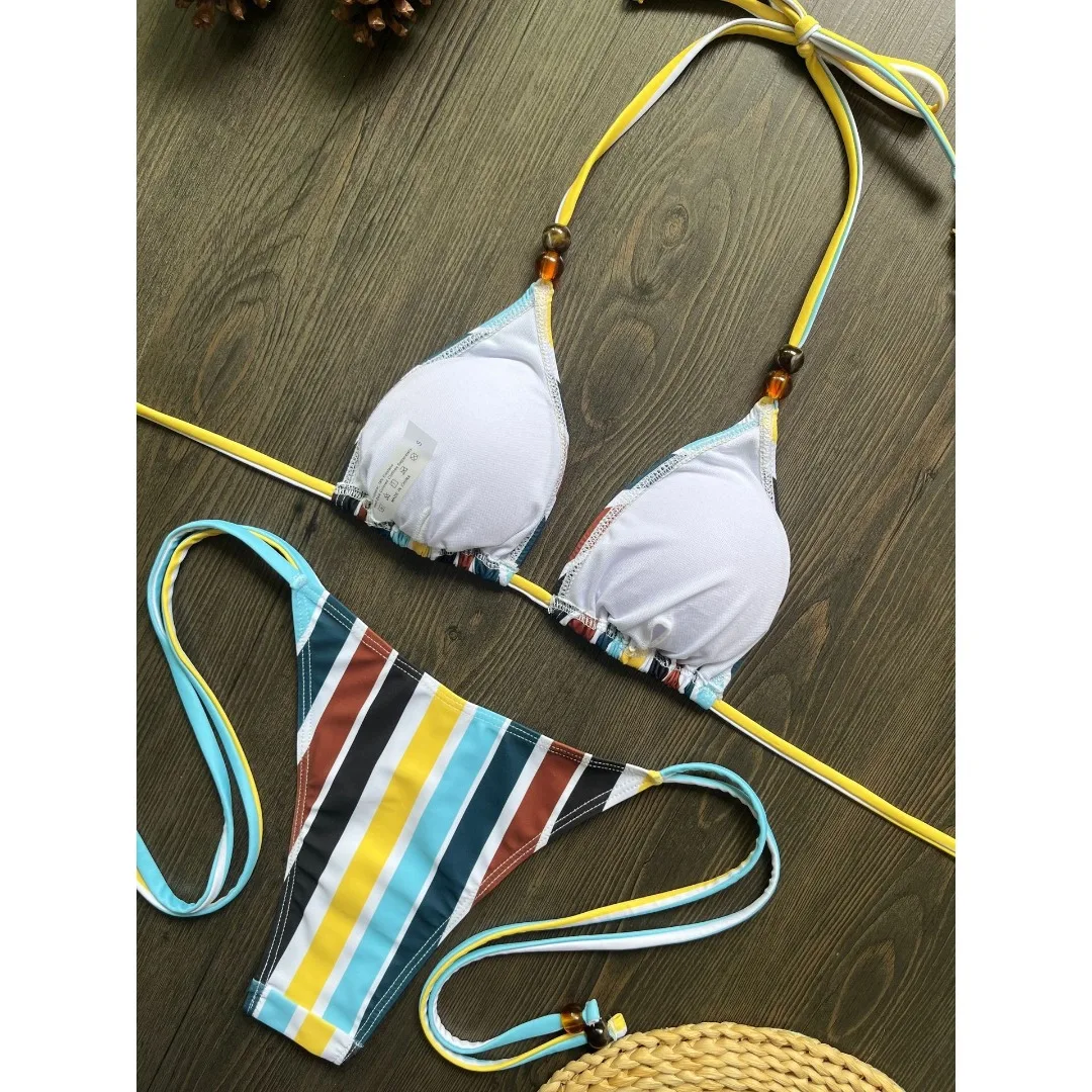 Neuer gestreifter Neckholder-Bikini, Damen-Badeanzug, zweiteiliges Bikini-Set mit hohem Beinausschnitt, Badebekleidung, Badeanzug, Schwimmanzug V8500 – Detail 6