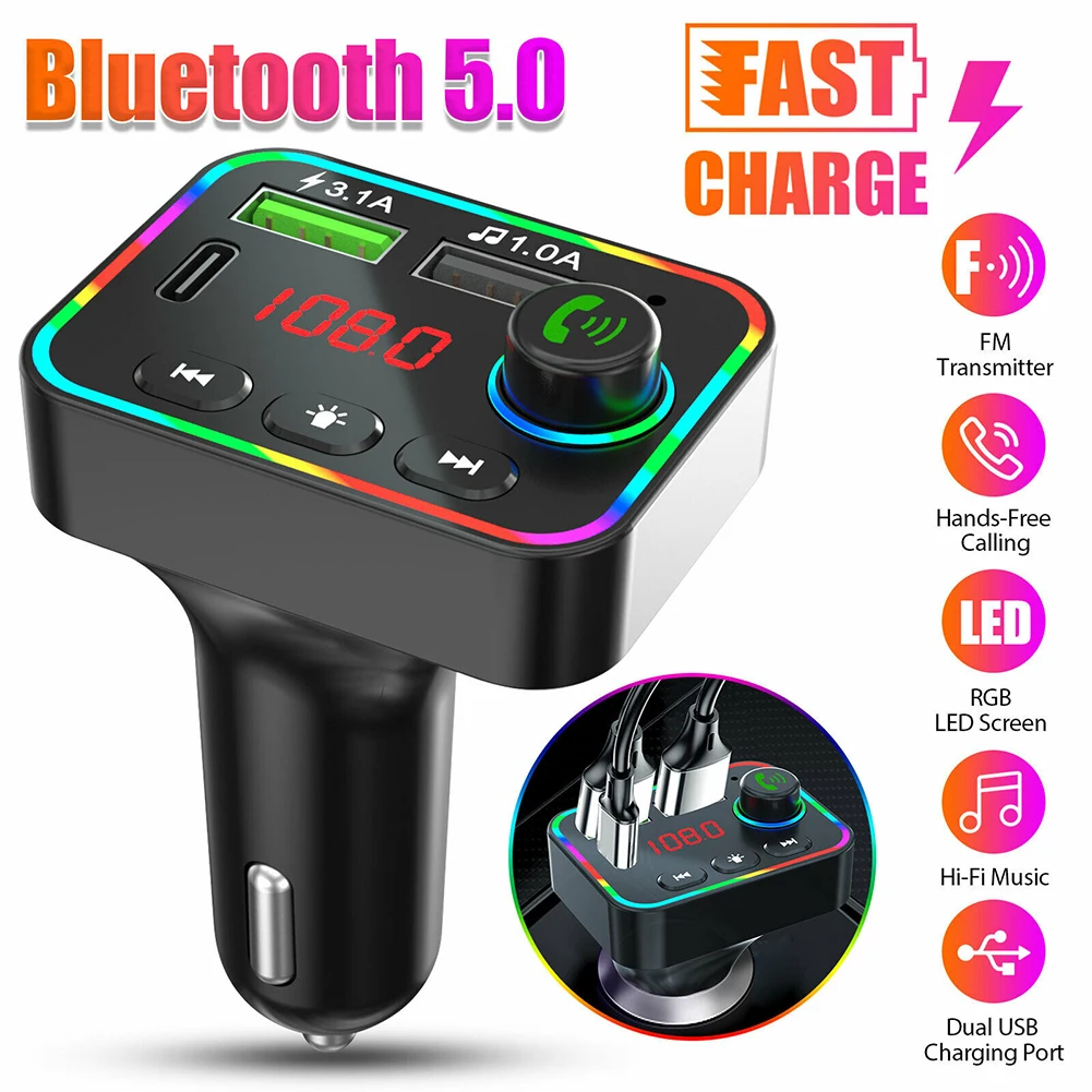 USB Car-Compatible 5.0 Fm Transmitter Mp3 Player F4u Disk/tf Card F4 Colorful Lamp Audio Receiver Hands-Free Kit Black