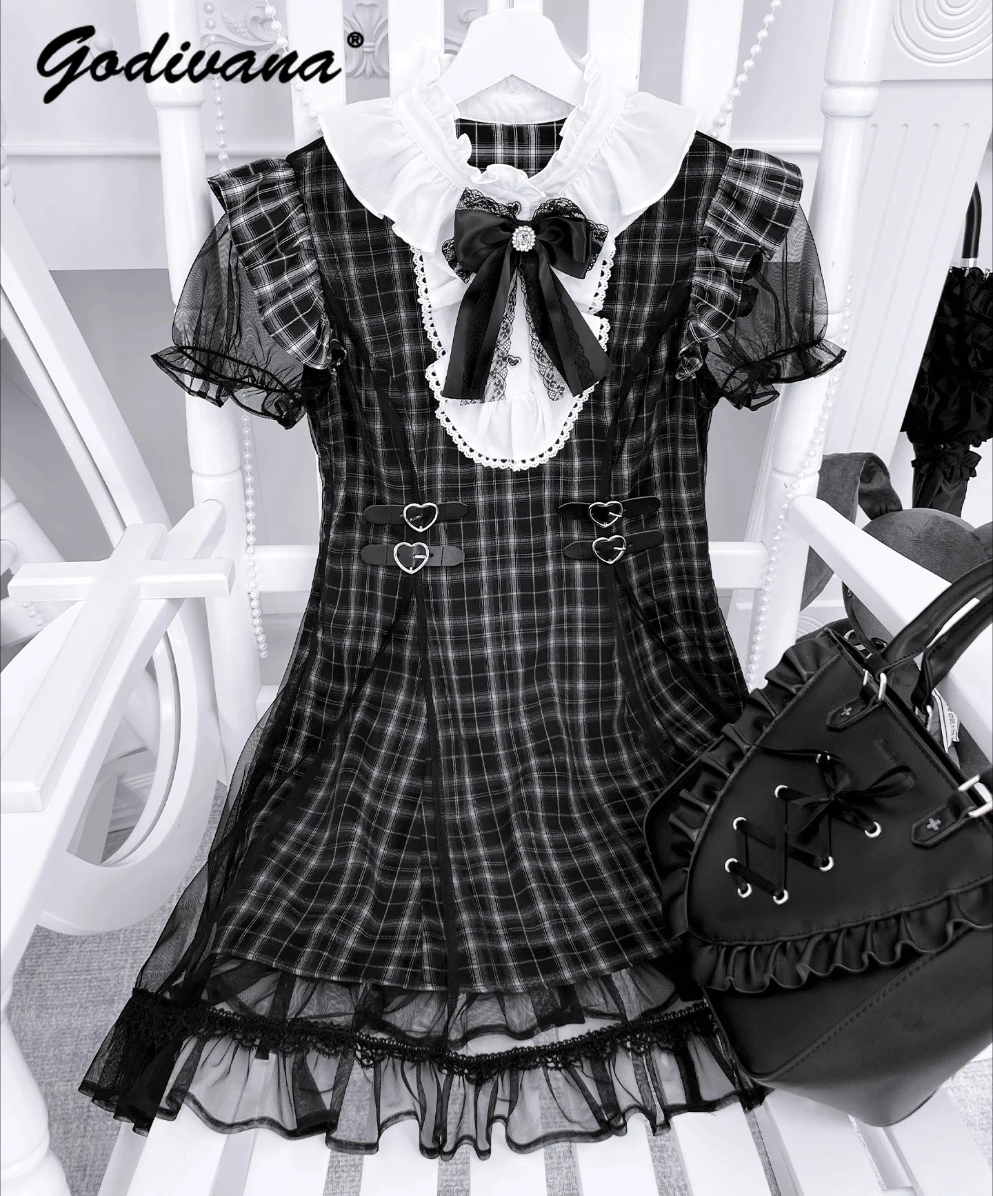 Original nueva subcultura niñas encaje empalmado manga corta ajustado vestido a cuadros mujeres lindo arco ajustado Jk vestidos cortos