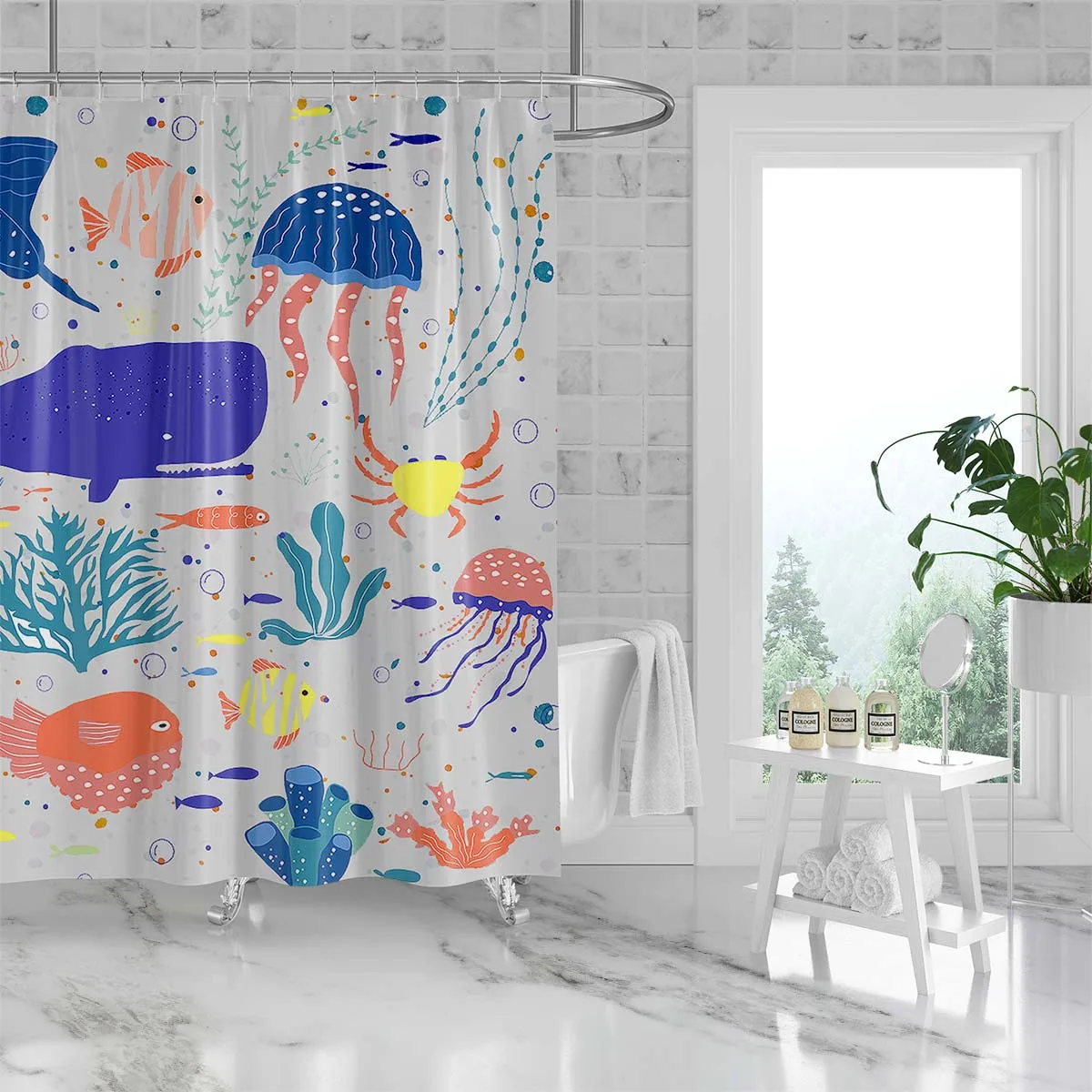 180x180cm bathroom waterproof polyester shower curtain, mold resistant, perforated with hooks, cartoon octopus, whale, manta ray