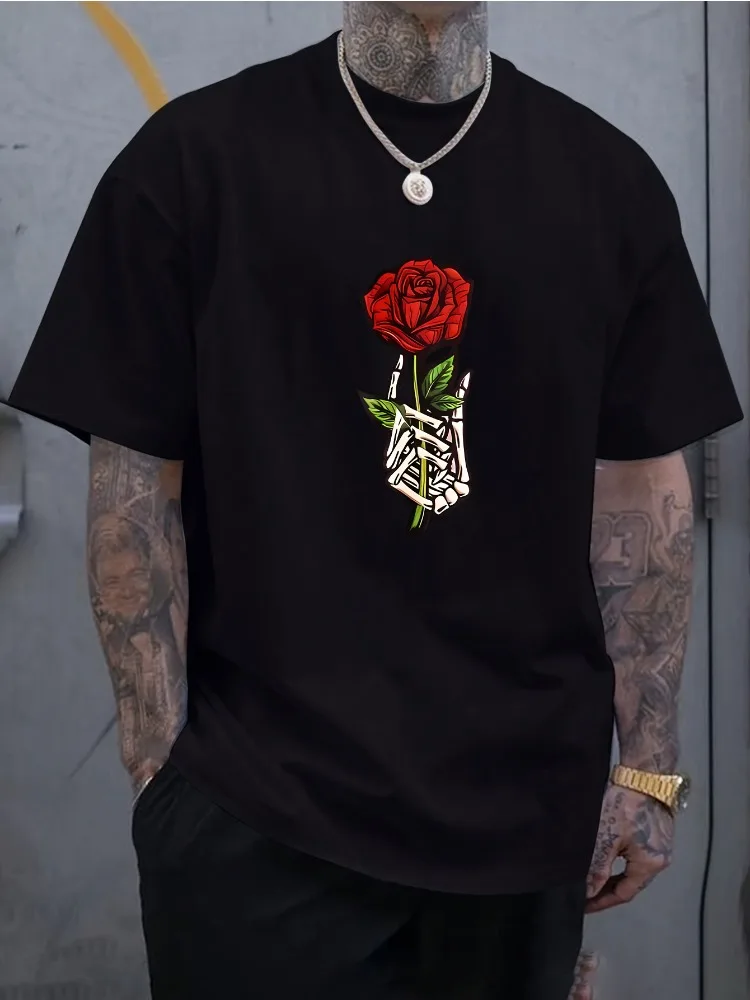 Men Summer Cotton Short Sleeve T Shirt Skeleton Hand Holding Red Rose Print Crew Neck Goth Retro Street Casual Male Tee