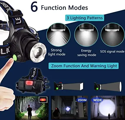 New Upgraded V6/L2/T-6 LED Headlamp 18650 Rechargeable Headlight Zoomable Head Lamp Head Lantern for Camping Hiking Fishing