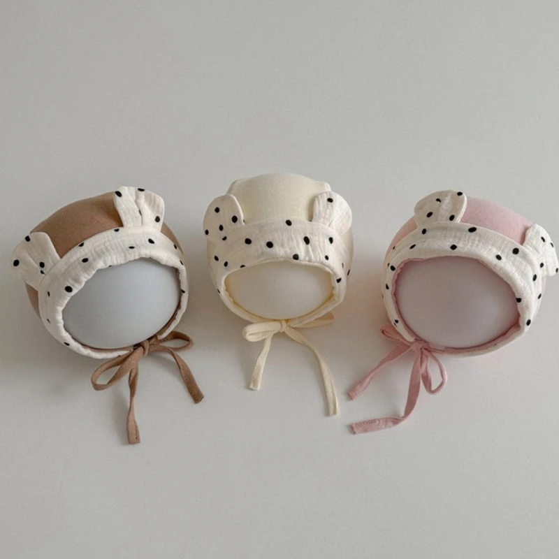 Spring Autumn Thin Cotton Baby Ear Protections Hat Fashionable Dotted Small Ear Strap Fetal Caps for 0-12M Infants Headwear