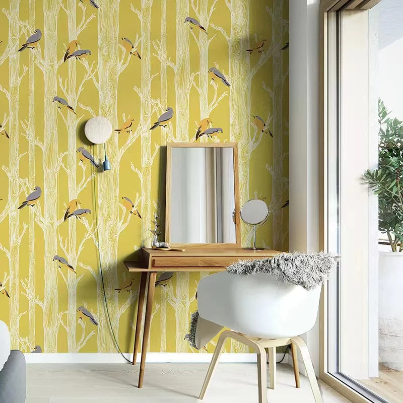 

Nordic Bird on the Trees Pattern Wallpaper for Living Room Bedroom Home Decor Forest Birch Tree Branch Wall Paper Mural Yellow