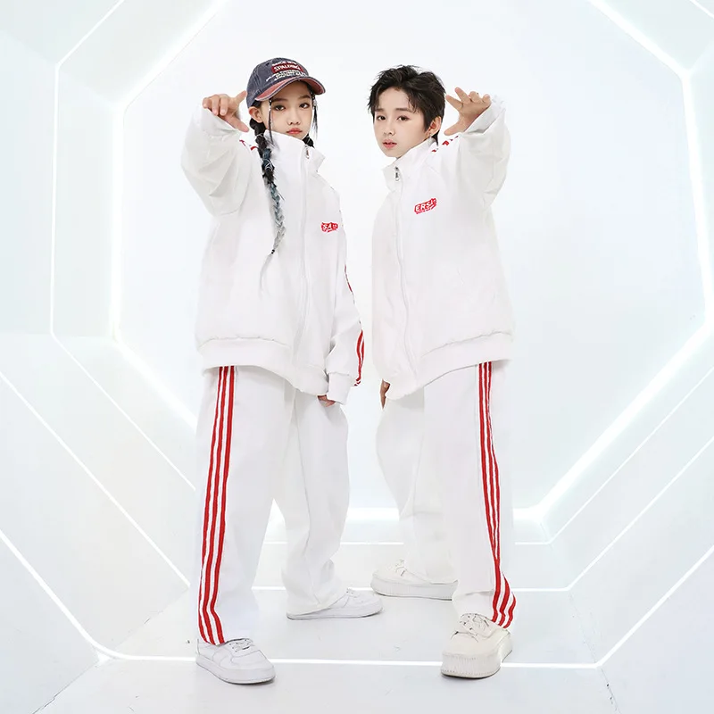 Kid  Streetwear Hip Hop Dance Costumes Street Wear White Zipper Top Red Striped Work Pants Set Boys' Jazz Dance Performance