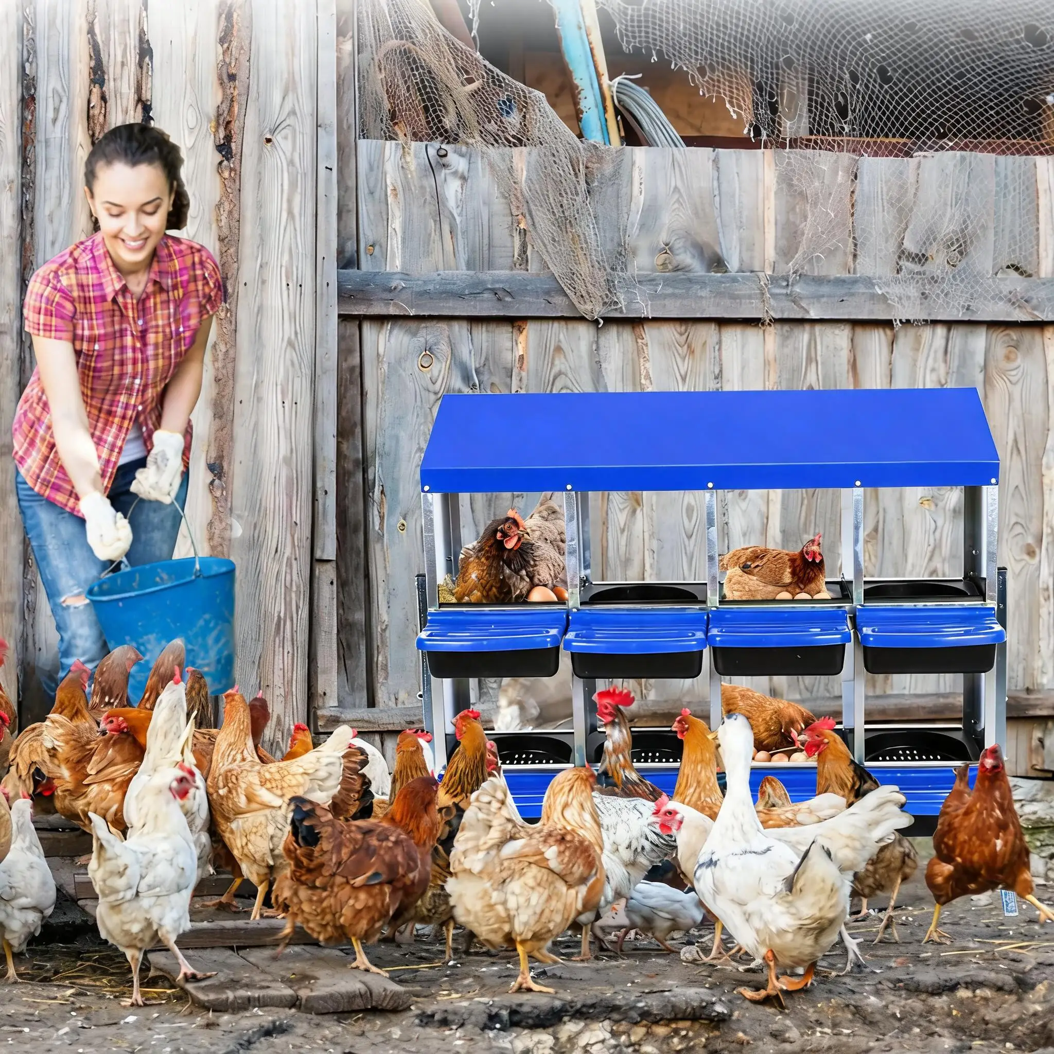 Nidi per galline in metallo zincato blu, con 8 scomparti, coperchio e gambe, per facilitare la raccolta e la pulizia delle uova.