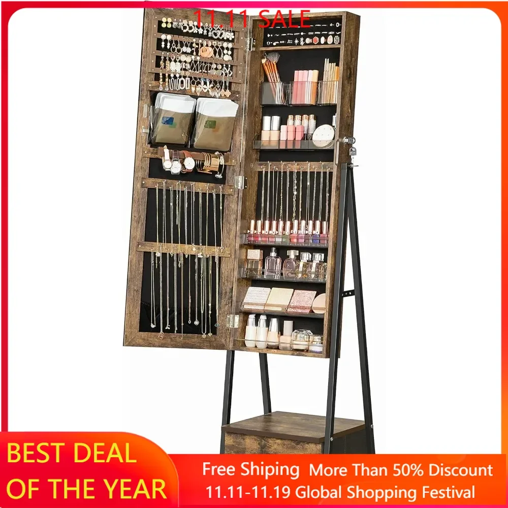 Jewelry Cabinet, Lockable Jewelry Organizer with High Full-Length Mirror, Bottom Drawer, Shelf, Wheels, Jewelry Armoire