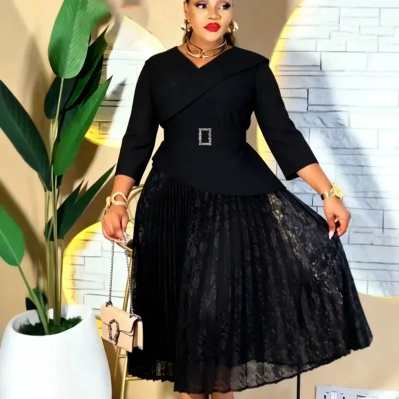 Plus-size Black Lace Faux Two-piece Outfit With A Slanted Collar, Three-quarter Lace Sleeves, And Lady Cloth Waistband  and Plea