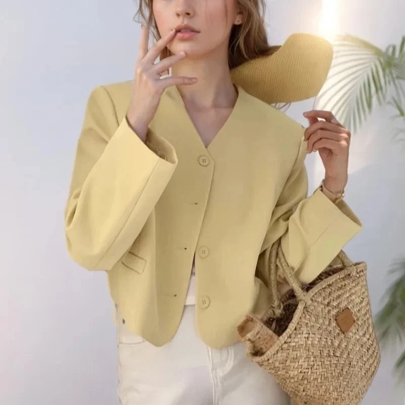 

5-цветный осенний шикарный корейский дизайн, короткие пальто, уличные женские модные милые элегантные офисные женские пиджаки на пуговицах с зубцами